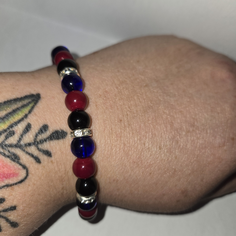 (4 For $30)  Hand Crafted Red and Blue Glass Beaded Bracelet with Silver Accents